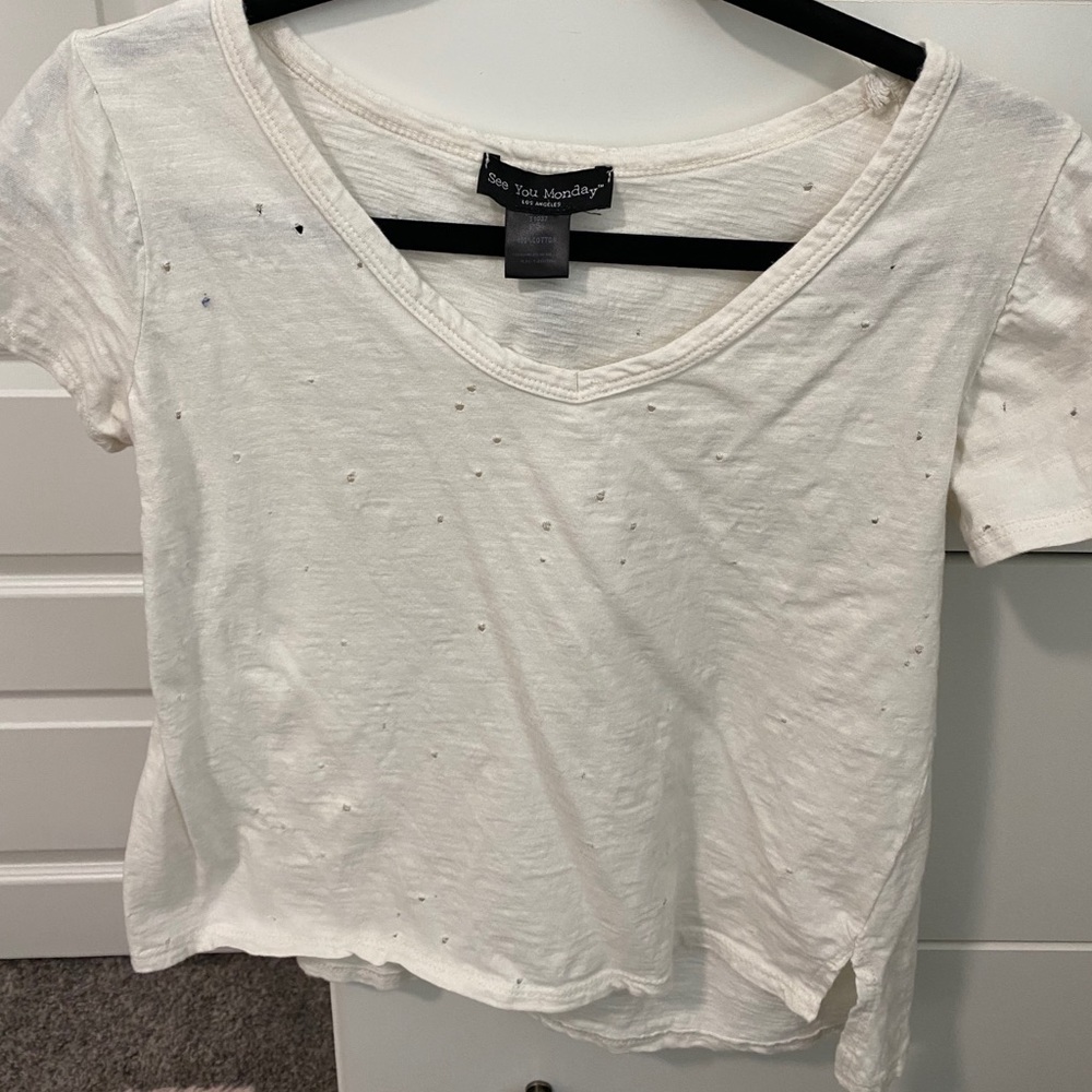 White V-Neck Tee with holes